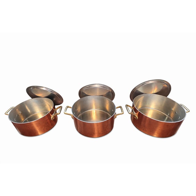 Villedieu Copper – Mid-20th Century – Made in France This elegant set of three antique copper stockpots is a fine example...