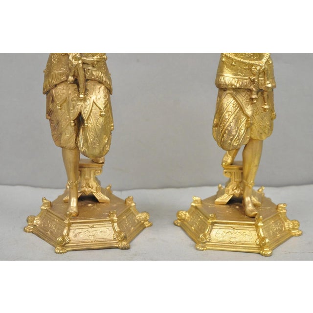 Antique Orientalist Gold Gilt Bronze Figural Male and Female Candlesticks - Pair For Sale - Image 4 of 18