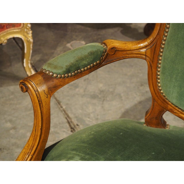 Green Pair of Antique French Walnut Violin Back Fauteuils, Circa 1885 For Sale - Image 8 of 18