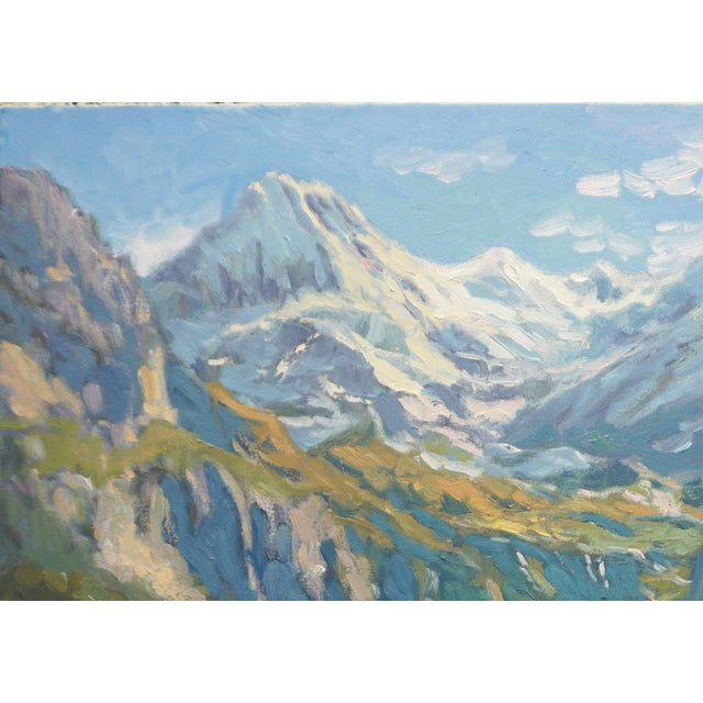 Original oil painting by Sean Wu, Beautiful Alpine scenery, lush green grass, and cows grazing.