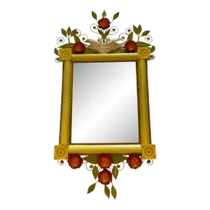Vintage Tole Painted Metal Floral and Birds Mirror 1960’s