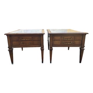 Pair Vintage Travertine Top Hekman End Tables/Nightstands For Sale