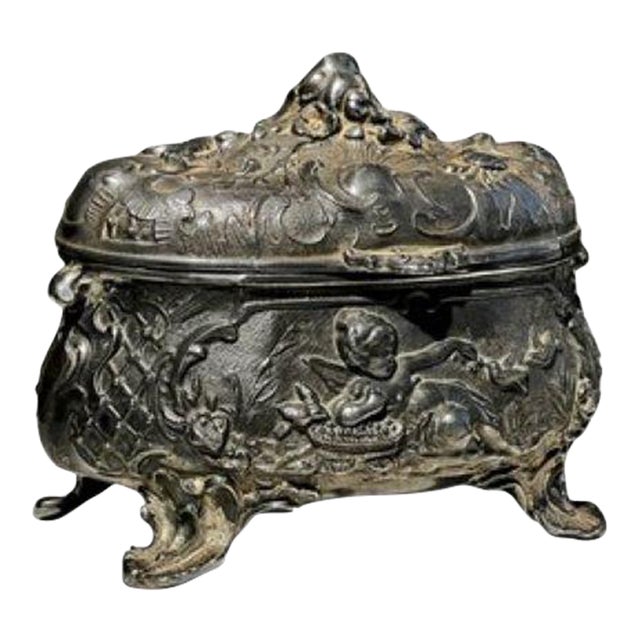 Antique 19th Century French Metal Jewelry Box With Cherub and Birds For Sale