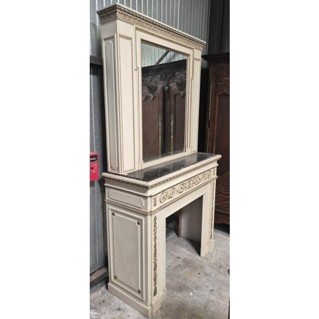 Louis XVI Style Fireplace with Overmantel in Lacquered Wood with Gilt Highlights For Sale - Image 5 of 8