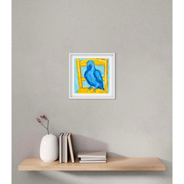 Textile Blue Parrot on Yellow Chair Oil Painting Original Art For Sale - Image 7 of 7