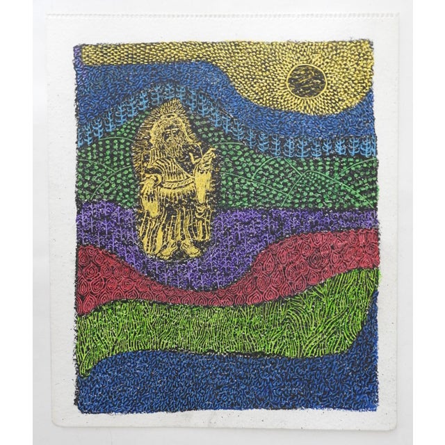 Vintage late 20th century mixed media oil pastel on paper surreal painting with saint and abstract landscape. Unsigned....