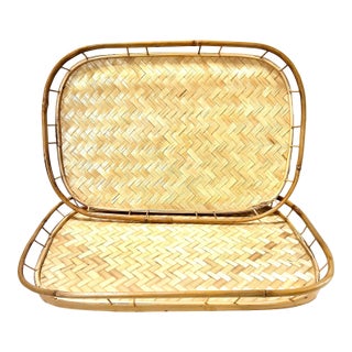 Vintage Rattan & Bamboo Tiki Boho Woven Trays - A Set of 2 For Sale