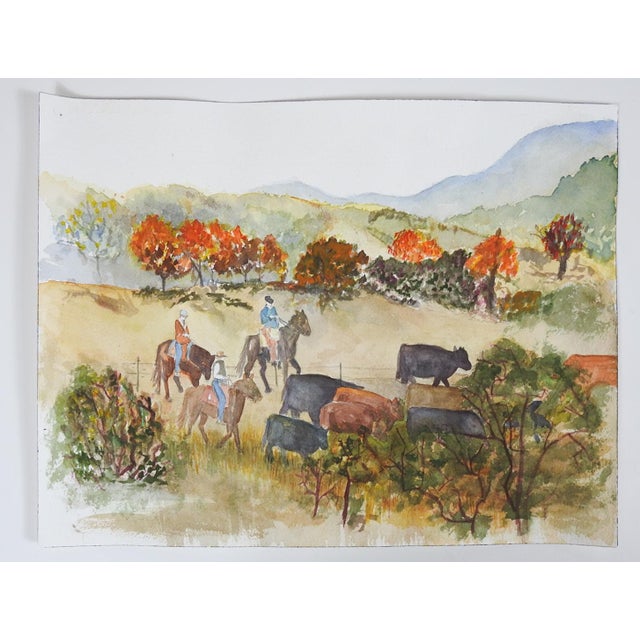 Late 20th century watercolor on paper painting of cowboys on horseback herding cattle with a background of autumn...