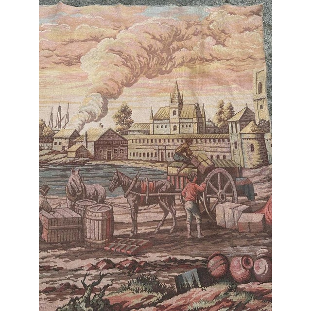 "Exquisite French tapestry from the mid-20th century, featuring a beautiful design of a port in Europe, in the 17th...