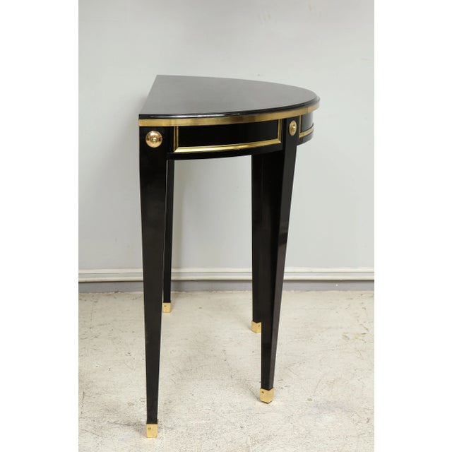 Bespoke Pair of Brass-Banded Demilune Consoles in the Neoclassic Manner For Sale - Image 11 of 12