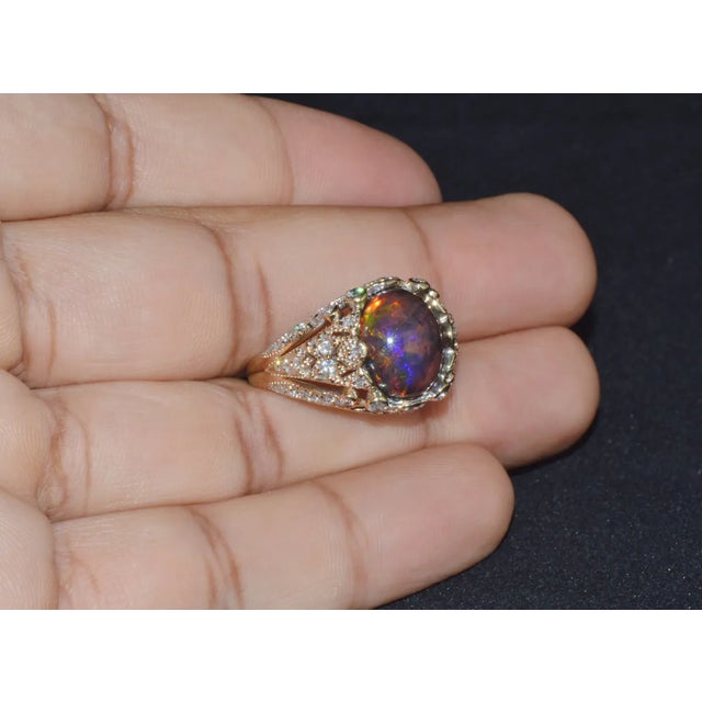Certified Natural 2.75Cts VS F Diamond Black Opal 18K Solid Gold Bombay Dome Ring, size 6.5 For Sale - Image 4 of 12