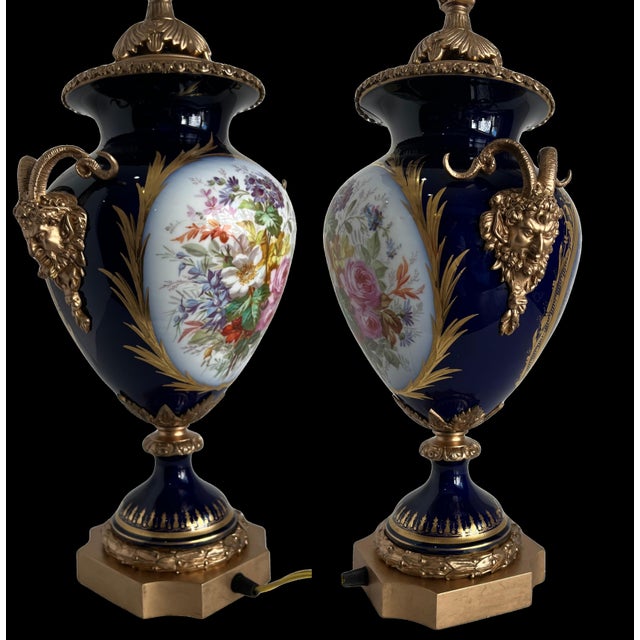Antique Sevres Style Bronze Ormolu Têtes De Satyres Cobalt Blue Porcelain Table Lamp For Sale - Image 12 of 18