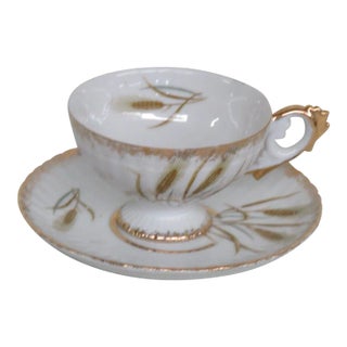 Kelvin Fine China Japan White and Gold Wheat Stalk Tea Cup and Saucer Set For Sale