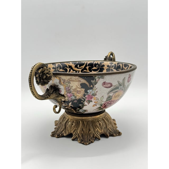 Chinese Export Crackle Glaze Center Piece Ormolu Style Handled For Sale - Image 4 of 12
