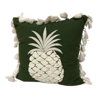 Green and White Embroidered Pineapple Pillow With Tassel Trim For Sale