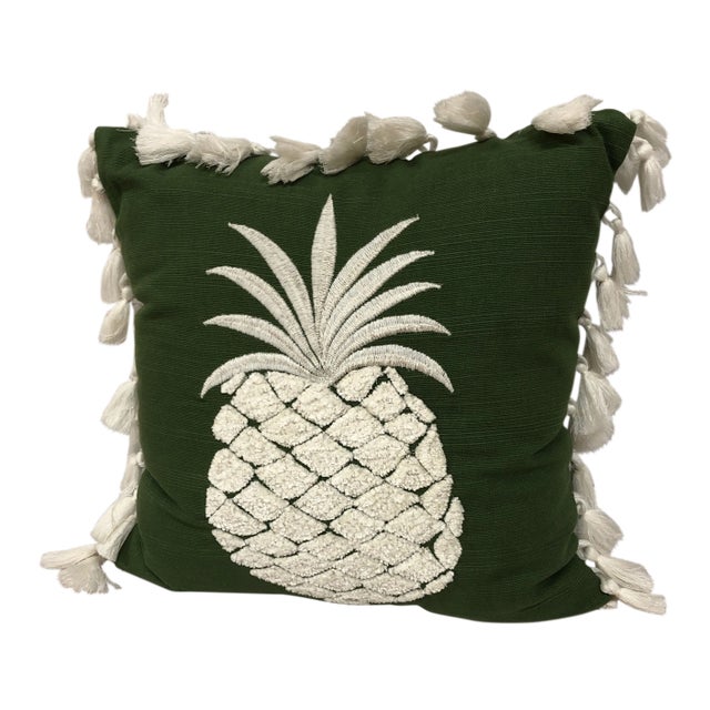 Green and White Embroidered Pineapple Pillow With Tassel Trim For Sale