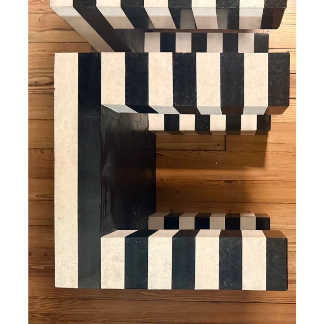 2010s Postmodern Black & White Stripe Tessellated Marble Accent Tables For Sale - Image 5 of 9