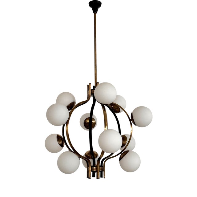 Mid-Century Italian Brass and Opaline Glass Chandelier from Stilnovo, 1950s For Sale