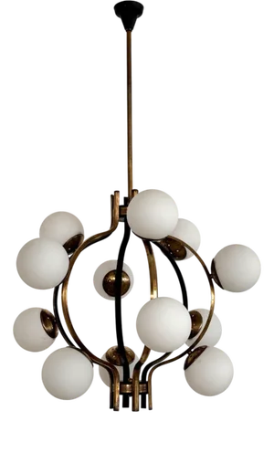 Mid-Century Italian Brass and Opaline Glass Chandelier from Stilnovo, 1950s