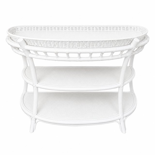 Vintage 3-tier rattan demi-lune console table, professionally refinished in a crisp high-gloss white lacquer. Showcasing...