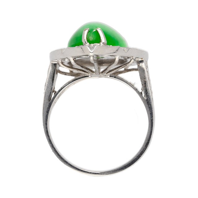 Metal 7.88 Carat Jade and Diamond Halo Ring in 18k White Gold Size 6 For Sale - Image 7 of 10