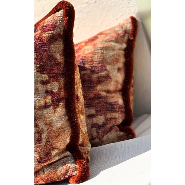 2020s Pair Pillows: Sumptuous Variegated Orange Boucle Velvet With Triple Ply Silk Moss Fringe For Sale - Image 5 of 12