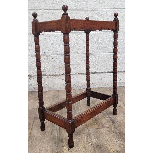 Brown Antique Bobbin Turned Umbrella Stand Walking Stick Stand Hall Stand For Sale - Image 8 of 10