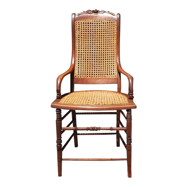 Antique Cane and Carved Wood Arm Side Chair With Rose Detail Chairish