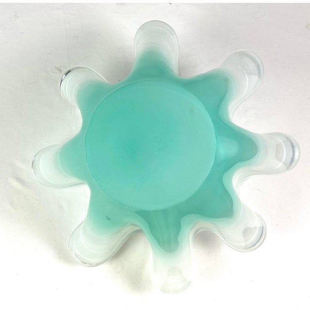 Modern 1970s Murano Style, Art Glass Aquamarine and Frosted White Ruffled Bowl For Sale - Image 3 of 8