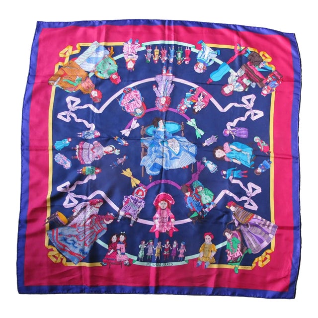 Hermes Paris Carre 90 Hello Dolly Dolls Print Blue Pink 100% Silk Scarf For Sale