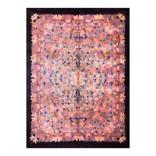 1930s Pink Rose Floral Antique Chinese Art Deco Rug 9'x 11' 8" Handknotted Wool Carpet For Sale