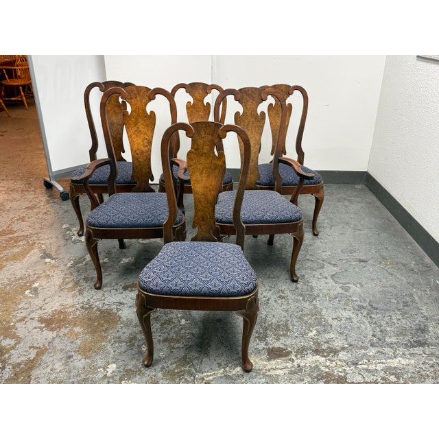 Design Plus Gallery presents a Vintage 1960's Henredon Queen Anne Style Walnut Burl Dining Chair Set from the Folio 4...