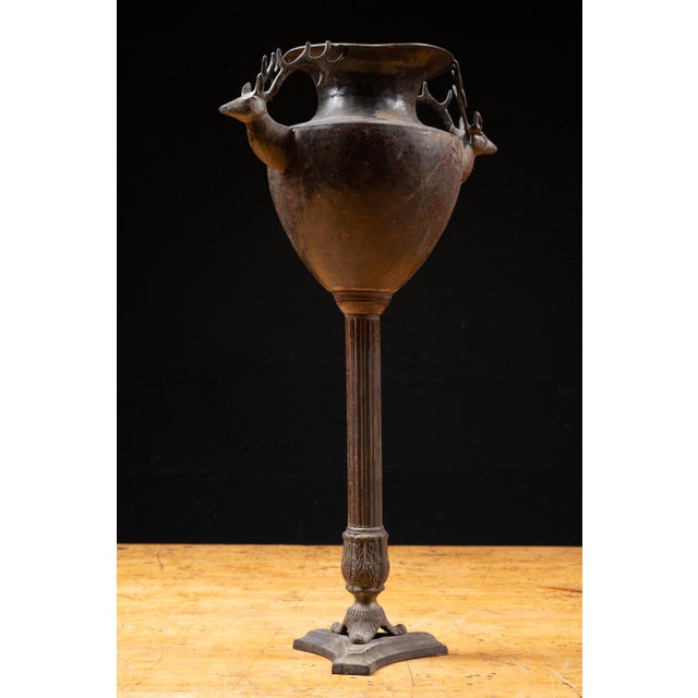 Rustic European Vintage Cast Metal Pedestal Jardinière With Sculptural Stag Handles For Sale - Image 3 of 11