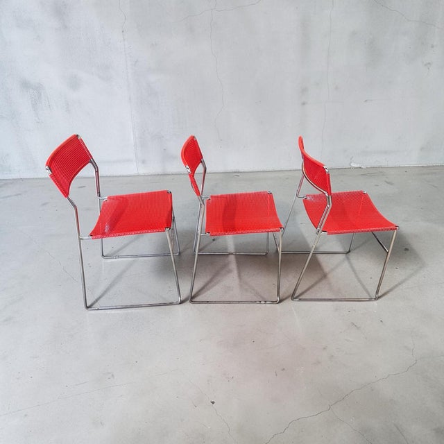 Vintage 1970s Red Perforated Mesh & Chrome Stacking Dining Chairs – Set of 3 For Sale - Image 4 of 10