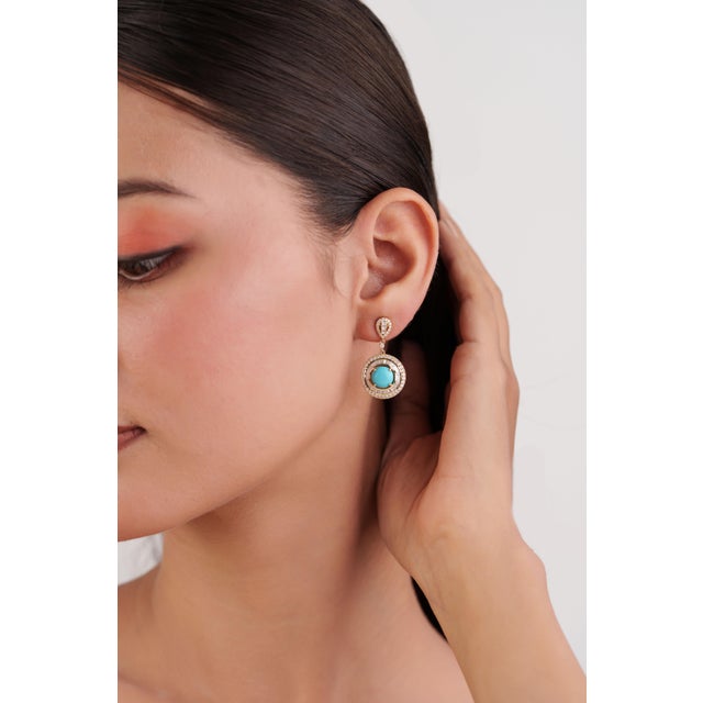Luxury 14k Gold Turquoise & Diamond Double Halo Drop Earrings, 3.07ct- A Pair For Sale - Image 9 of 14