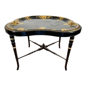 Antique Tole Tray Coffee Table on Custom Regency Style Faux Bamboo Wood Stand
