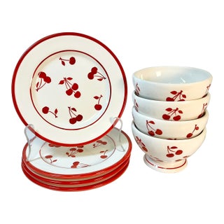 Vintage Art Deco Boho Chic Cherries Jubilee Luncheon Plates & Bowls - Set of 8 For Sale