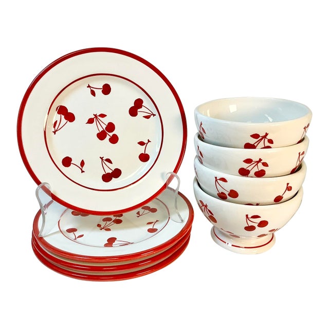 Vintage Art Deco Boho Chic Cherries Jubilee Luncheon Plates & Bowls - Set of 8 For Sale