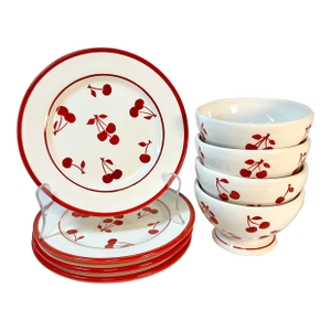Vintage Art Deco Boho Chic Cherries Jubilee Salad Plates & Bowls - Set of 8