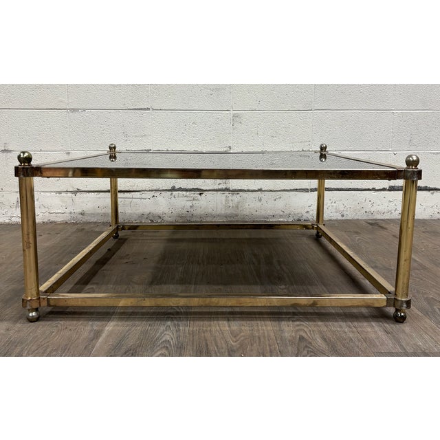Metal Vintage Maison Jansen Style Hollywood Regency Smoke Glass Top Brass Coffee Table For Sale - Image 7 of 7