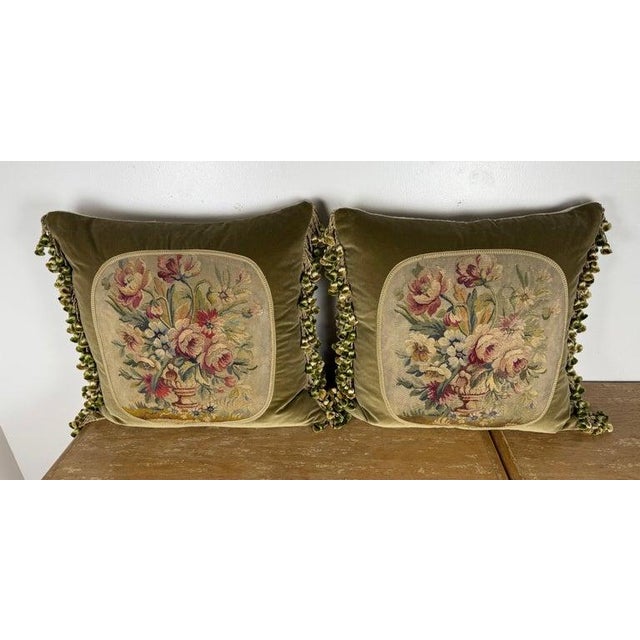 An exceptional pair of bespoke decorative pillows designed by Melissa Levinson, masterfully combining 19th century French...