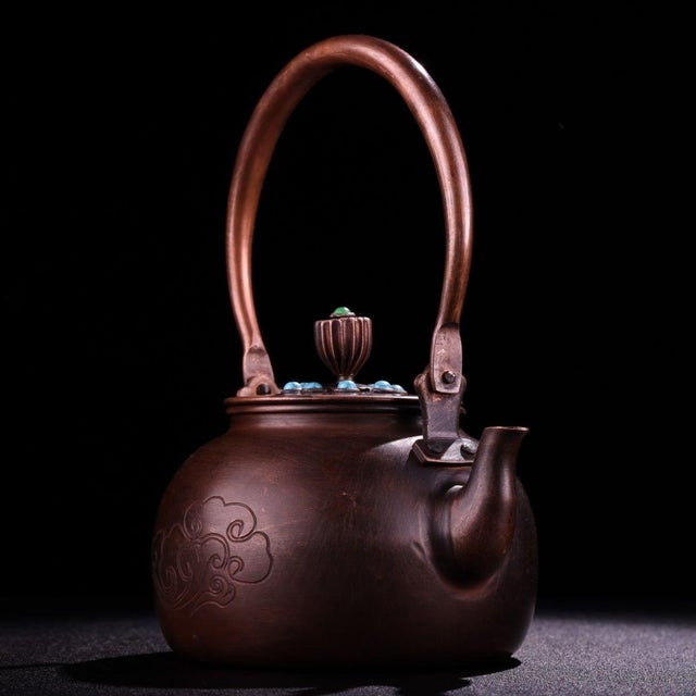 Vintage Hand-Hammered Copper Teapot With Gemstone Inlay and Cloud Motif For Sale - Image 4 of 9