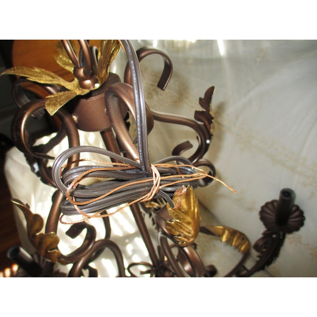 Toleware French Country 5 Arm Chandelier Bronze With Gold Leaves & Crystal Prisms For Sale In Columbia, SC - Image 6 of 17