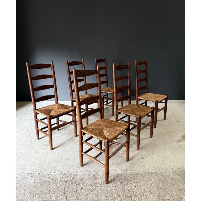 Brown Rustic High Ladder Back Oak and Rush Dining Chairs, Belgium, 1950s, Set of 6 For Sale - Image 8 of 18