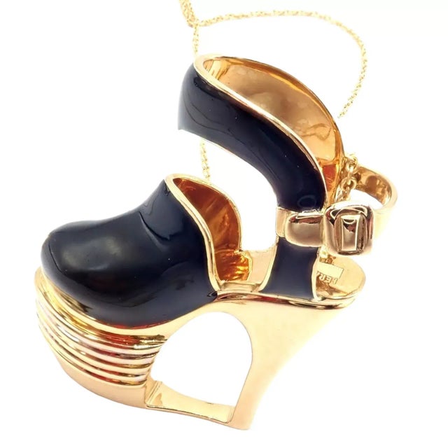 Authentic Salvatore Ferragamo Yellow Gold Enamel Shoe Pendant Necklace Metal: 18k Yellow Gold Pendant Size: 31mm x 33mm...
