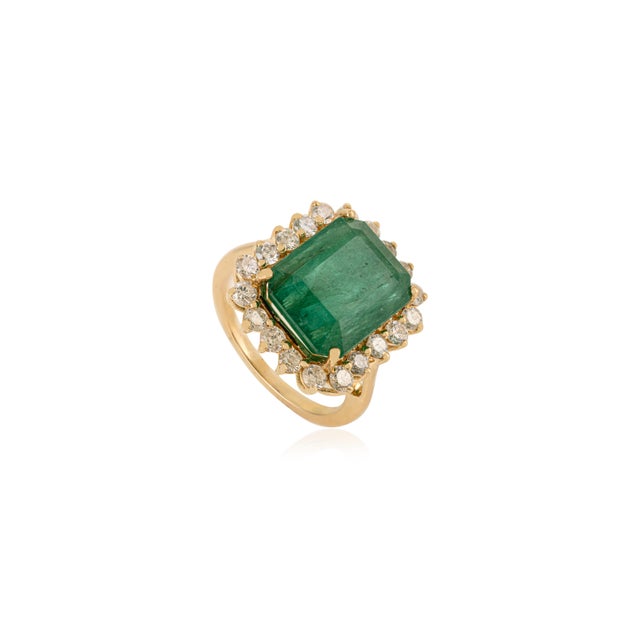 Art Deco 7.22Ct Zambian Emerald Halo Diamond Bridal Cocktail Ring Size 5 in 18k Solid Gold For Sale - Image 3 of 17