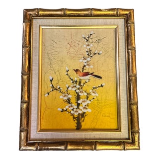 1970’s Original Chinese Bird Perched on Cherry Blossom Branch Painting on Silk For Sale