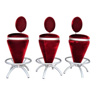 Red Velvet Barstools - A Pair For Sale