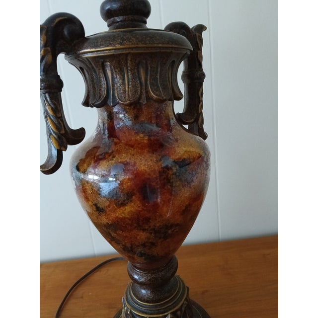 Metal 1990s Tuscan Marbled Amber & Bronze Scroll Table Lamp — Old World Revival For Sale - Image 7 of 17