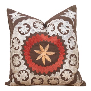 16" Sq Embroidered Palmette Suzani Pillow Cover For Sale